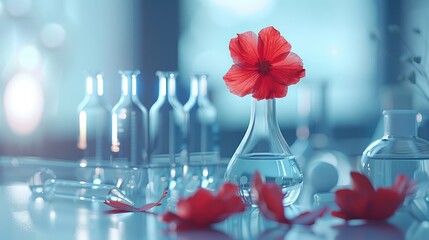 Wall Mural - closeup of a laboratory flask with a beautiful red flower and blurred test tubes