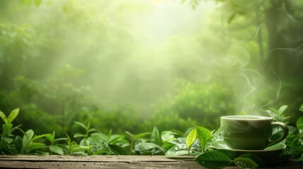 Aufkleber - A cup of tea is sitting on a wooden table in a lush green forest. The steam from the tea is rising into the air, creating a serene and peaceful atmosphere. Concept of relaxation and tranquility