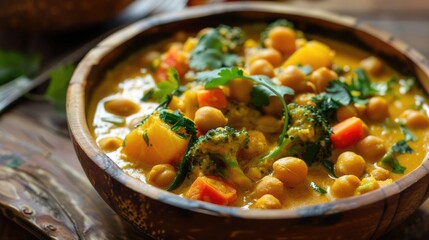 Poster - Chickpea and vegetable curry with cilantro in ceramic bowl.