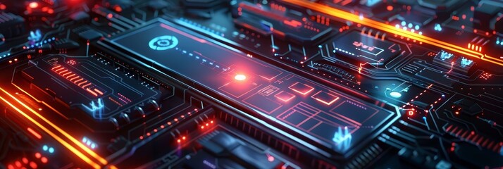 Wall Mural - Futuristic glowing neon technology interface with intricate circuit board details,perfect for sci-fi and themed digital creative backgrounds.