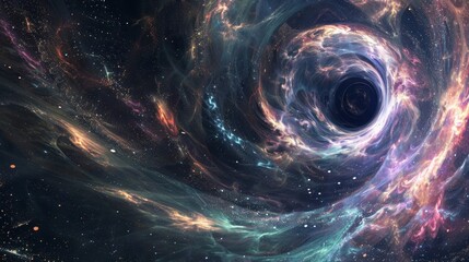 Abstract wallpaper with black hole swirling colors and stardust. Amazing wallpaper