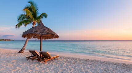 Aufkleber - A beach with two lounge chairs under a palm tree. The chairs are empty and the umbrella is open. The sky is blue and the sun is setting