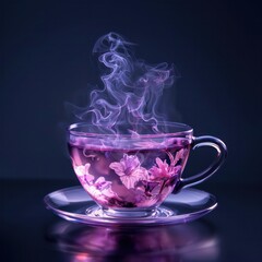 Aufkleber - A cup of tea with purple flowers in it is steaming. The image has a calming and soothing mood, as the steam and flowers create a sense of relaxation