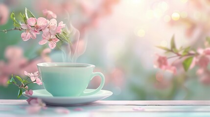 Aufkleber - A cup of tea is sitting on a saucer with a pink flower in the background. Concept of relaxation and tranquility, as the cup of tea is a symbol of comfort and warmth