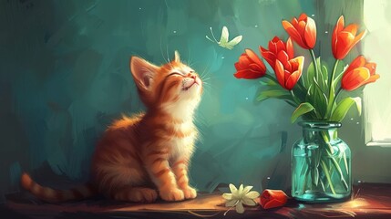 An adorable oil painting of a cute kitten near a vase of fresh flowers, highlighting the young tabby's playful nature and colorful bouquet.
