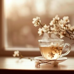 Aufkleber - A cup of tea with a flower on top of it. The cup is on a white plate