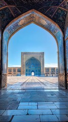 View of the Isfahan Iran mosque from the open ancient wooden doors in Bukhara, Uzbekistan. Sunny day. AI generated illustration