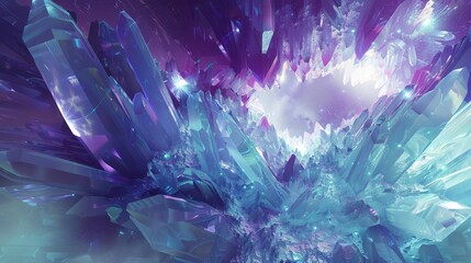 Crystalline cave abstract with icy colors and sparkling particles. Amazing wallpaper