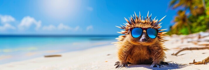of a cute and humorous echidna wearing sunglasses and enjoying a summer beach vacation surrounded by a tropical paradise with ocean,sand,and blue sky.