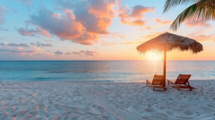 Aufkleber - A beach with a large umbrella and two lounge chairs. The sky is a beautiful orange color. Scene is relaxing and peaceful