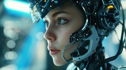 Close-up of a woman's face wearing a futuristic robotic helmet.