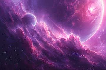 Wall Mural - a space scene with a pink planet and a purple cloud. the sky is filled with stars and the clouds are