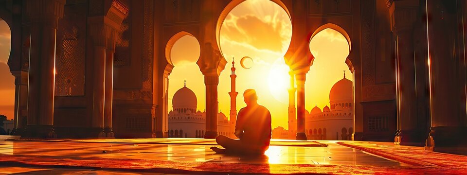 Religious muslim man praying inside the mosque. AI generated illustration