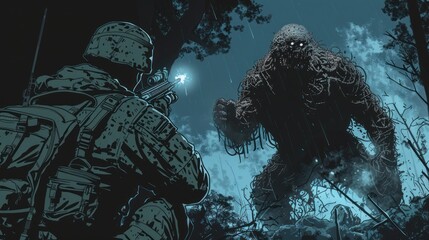 A soldier and a giant monster in the forest against the backdrop of rain.