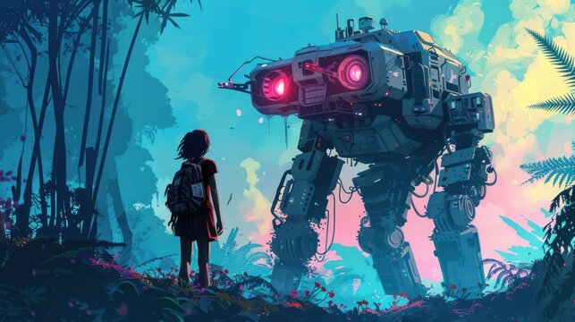 A young girl walking through a lush tropical landscape. In the background is a large futuristic robot with glowing eyes and a large head.