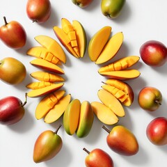 Wall Mural - Fresh ripe mango fruits on white background. Top view