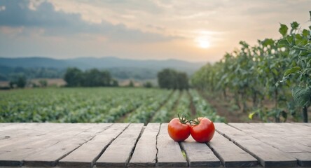 Wall Mural - Fresh tomatoes on table, field in background. Harvesting vegetables