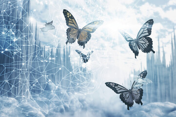 Wall Mural - butterflies in the sky, A digital technology-themed abstract background featuring butterflies flying over a snow fantasy scene