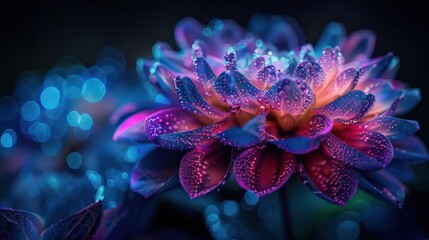 Poster - A flower with a blue and purple hue is surrounded by a blurry background. The flower is the main focus of the image, and it is a close-up shot. The colors of the flower are vibrant and eye-catching