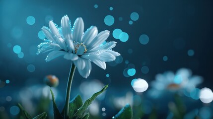 Poster - A close up of a white flower with a blue background. The image has a calming and serene mood, with the blue