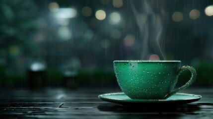 Aufkleber - A green coffee cup with steam rising from it sits on a saucer on a table. Concept of calm and relaxation, as the steam from the coffee cup suggests a warm and comforting beverage