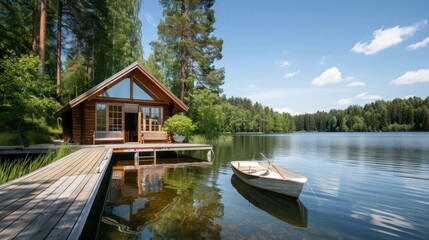 Aufkleber - A small cabin is on a dock next to a lake. A boat is docked in the water