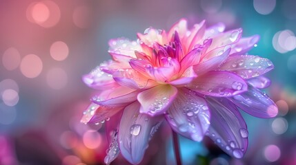 Poster - A beautiful flower with a pink and yellow center and purple petals. The flower is surrounded by water droplets, giving it a fresh and lively appearance