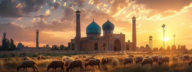 Photo of a flock of sheep. Mosque background. Sheep are standing in front of the mosque. AI generated illustration