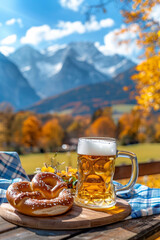 Wall Mural - Beer and Pretzel Against Mountain Backdrop