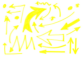 Wall Mural - Set scribble arrow, yellow fluorescent marker isolated on white background	