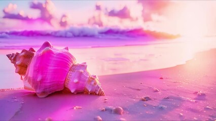 Canvas Print - Pink conch shell resting on sandy beach at sunrise in Bahamas. Concept Beach photography, Sunrise, Bahamas, Conch shell, Pink aesthetics
