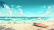 © Suleyman - Sandy beach with a surfboard. Cartoon summer beach. Paradise vacation by the ocean. Sea beach landscape. Vector illustration.