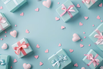 Wall Mural - A blue box with a pink bow sits in front of a blue background