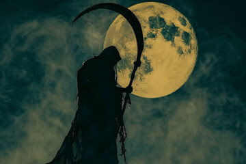 A skeleton is holding a long staff and standing in front of a full moon