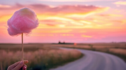 Wall Mural - A person holding a pink cotton candy stick in front of a road