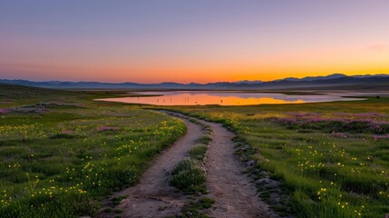 Poster - A road runs through a field of flowers and grass. The sky is orange and pink, and the sun is setting