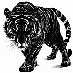 A black and white drawing of a tiger on a white background