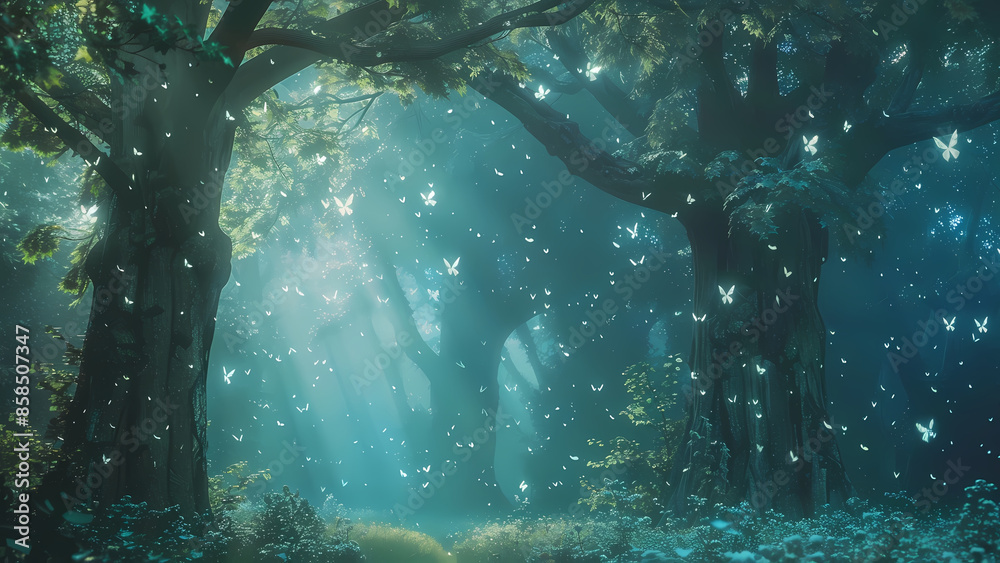 A mystical forest with glowing fairies flying around ancient trees, a ...