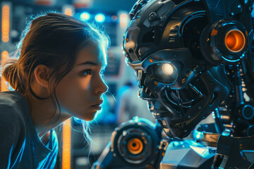 Poster - A girl is looking at a robot with a skull on its face