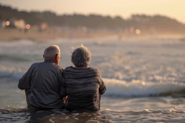 Wall Mural - Senior Couple Sitting On Beach Together