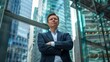 © anatoliycherkas - Confident rich businessman standing with crosed arms in big city on background, leadership concept