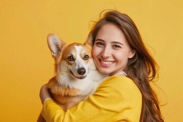 Happy woman with corgi on yellow background  copy space