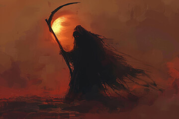 Wall Mural - A skeleton is holding a long staff and is standing in front of a full moon