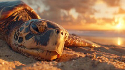 old turtle crawling across a sandy beach under a sunset sky