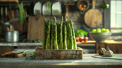 A basket of asparagus is displayed on a counter in a kitchen