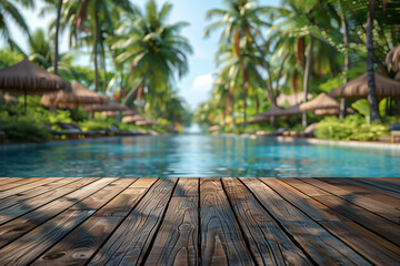 Wall Mural - Wooden table top for product display presentation, a swimming pool and palm trees at an exotic tropical resort hotel. Summer vacation concept.