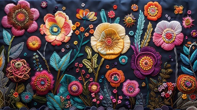 Detailed floral embroidery on black canvas