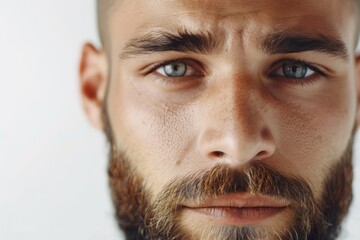 Attractive young man with stylish beard on white background.