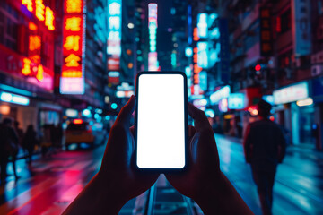 Hands holding smartphone with blank screen on busy city street. Mobile phone with isolated display at night street, mock up for template
