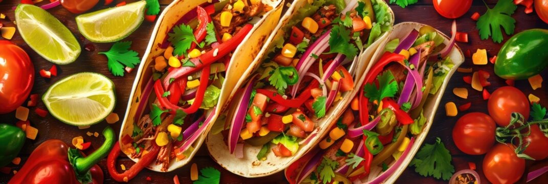 Mexican Food Background. Delicious Tacos with Fresh Vegetables and Flavorful Salsa